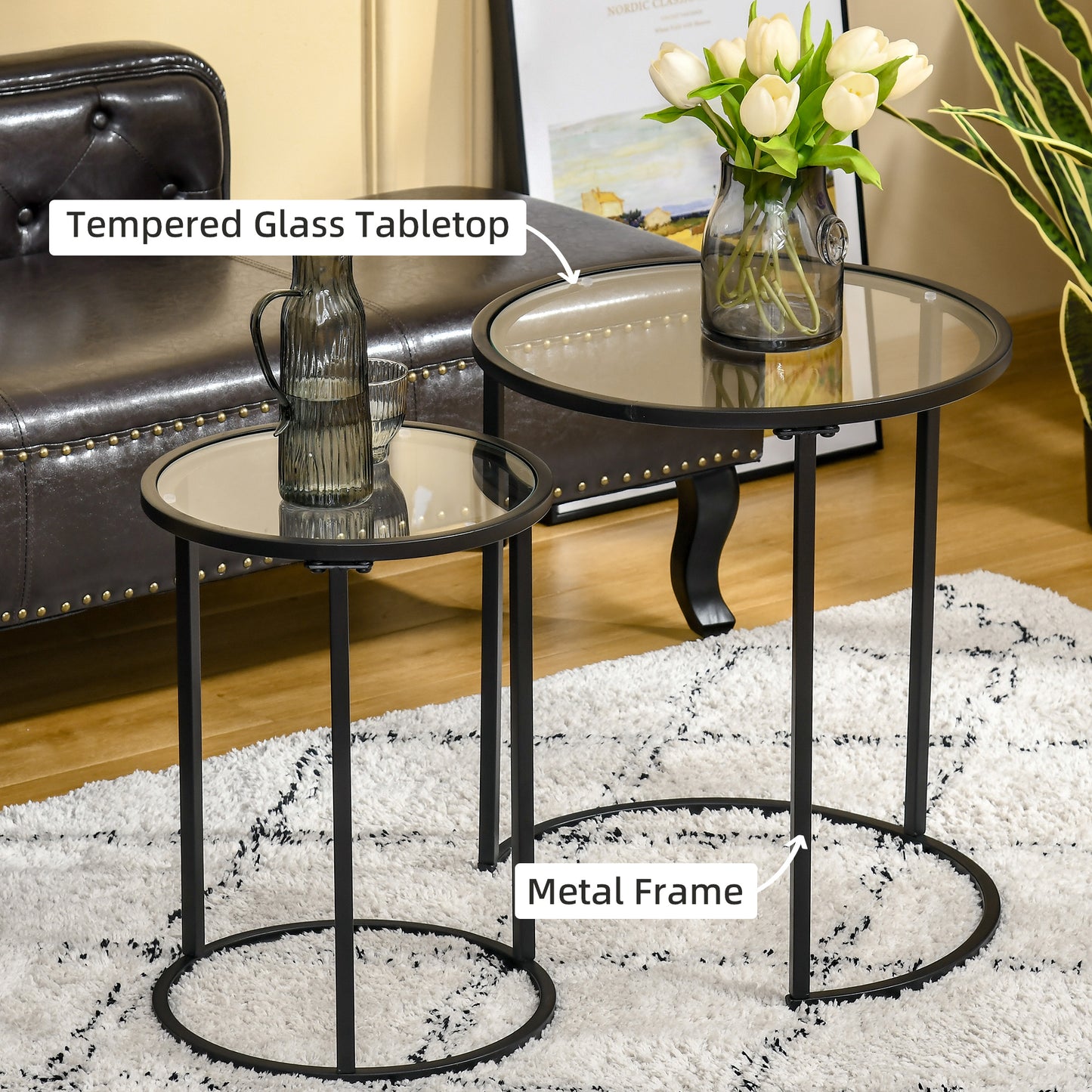 HOMCOM Set of 2 Nesting Coffee Tables with Metal Base, Round Side Table with Tempered Glass Tabletop for Living Room, Bedroom, Gold