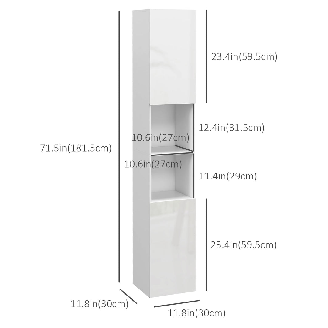 kleankin Tall Bathroom Cabinet, High Gloss Storage Cabinet with Doors and Adjustable Shelves, 11.8" x 11.8" x 71.5", White