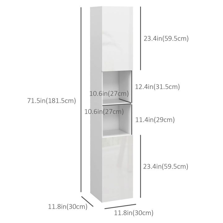 kleankin Tall Bathroom Cabinet, High Gloss Storage Cabinet with Doors and Adjustable Shelves, 11.8" x 11.8" x 71.5", White