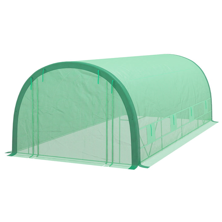 Outsunny 19.5' x 10' x 6.5' Upgraded Tunnel Greenhouse Green House with Mesh Door and Windows, 15 Plant Labels and Gloves, Green