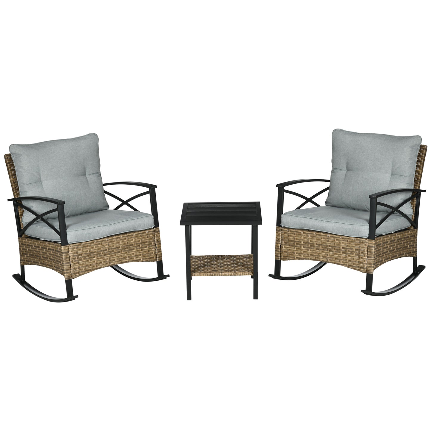 Outsunny 3 Pcs Outdoor PE Rattan Rocking Chair Set, Bistro Set with Two-tier Table, Padded Cushions for Garden, Dark Blue