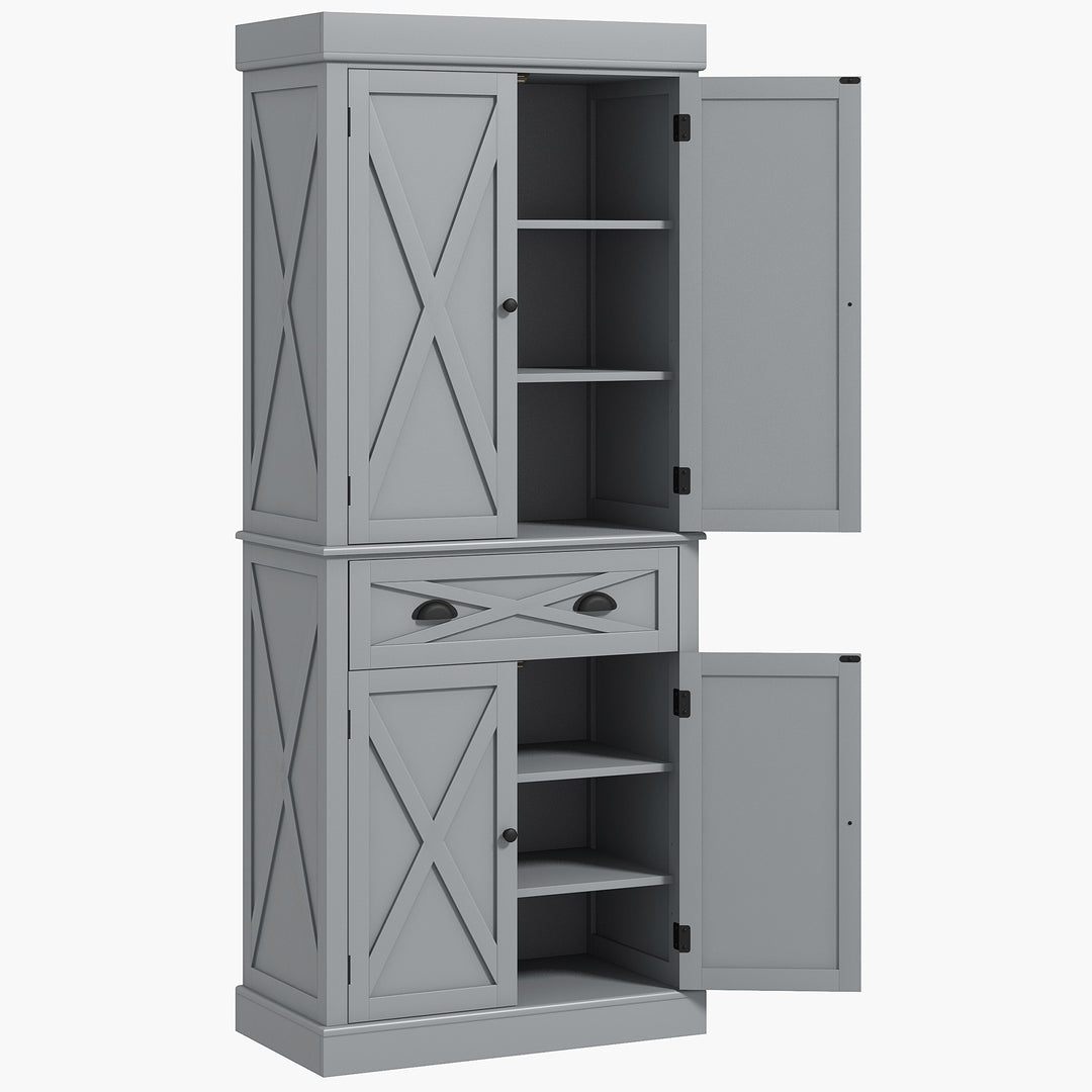 HOMCOM 72.5" Kitchen Pantry Cabinet, Freestanding Storage Cabinet with 4 Doors, Drawer and Adjustable Shelves, Black