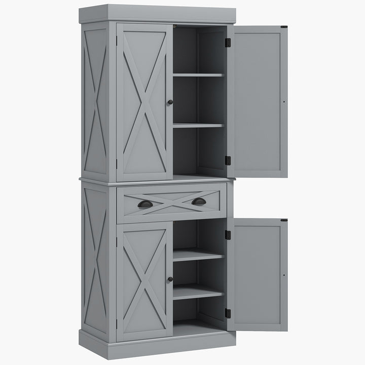HOMCOM 72.5" Kitchen Pantry Cabinet, Freestanding Storage Cabinet with 4 Doors, Drawer and Adjustable Shelves, Black