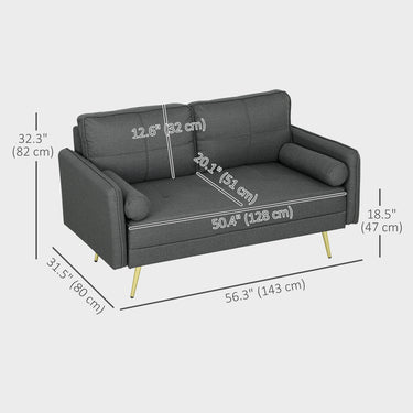 HOMCOM 56" Loveseat Sofa for Bedroom Upholstered 2 Seater Couch with Back Cushions and Pillows, Dark Grey