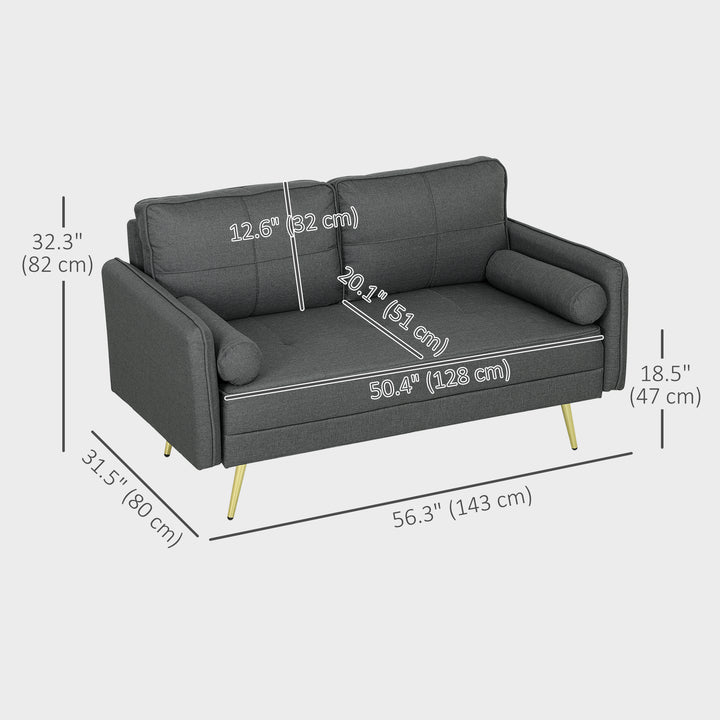 HOMCOM 56" Loveseat Sofa for Bedroom Upholstered 2 Seater Couch with Back Cushions and Pillows, Dark Grey