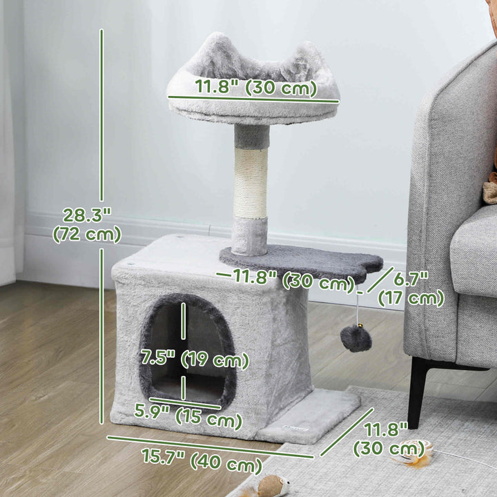 PawHut 28" Cat Tree Tower with Plush Top Bed, Cozy Condo, Sisal Scratching Post, Perch, Dangling Ball, Light Grey