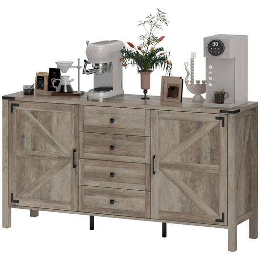 HOMCOM 59" Buffet Cabinet, Farmhouse Sideboard with Thick Top, 2 Barn Doors, 4 Drawers and 2 Adjustable Shelves, Grey