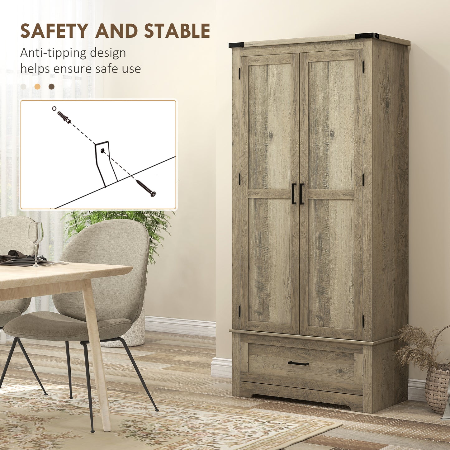 HOMCOM 69" Tall Farmhouse Kitchen Pantry Cabinet with 2 Doors, Drawer and Adjustable Shelves, Black Wood Grain