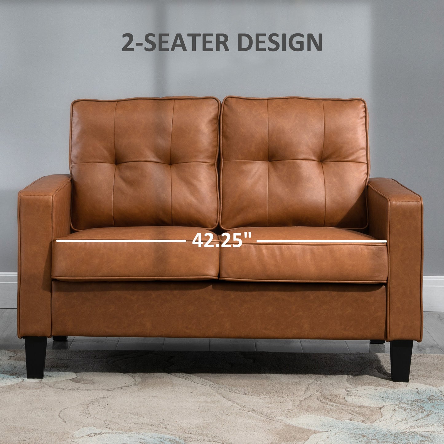 HOMCOM 51" PU Leather Loveseat, Upholstered Double Sofa Couch with Armrests, Tufted Backrest, Pocket Spring and Sponge Padded Cushion for Living Room, Bedroom, Home Office, Brown