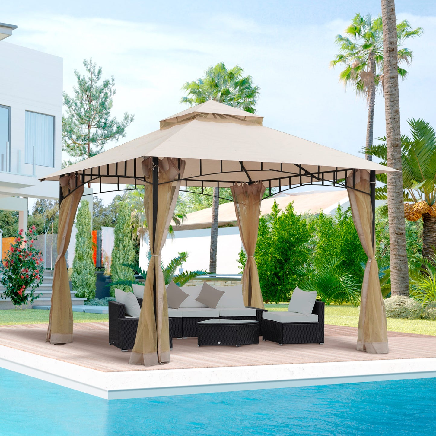 Outsunny 10' x 10' Double Tier Garden Gazebo Canopy Outdoor Sunshade Tent Water-Resistant Anti-UV Roof with Metal Frame and Mesh Sidewalls, Beige