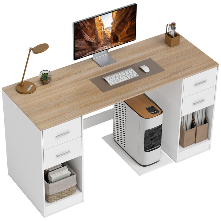 HOMCOM Office Desk, 55" Computer Desk with 4 Reversible Drawers, Mobile PC Stand, Adjustable Shelf, Black Wood Grain