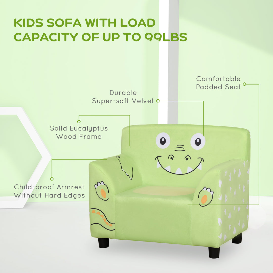 Qaba Kids Sofa, Armrest Chair for Preschool, Toddler Couch for Kids Room, Kindergarten with Cute Animal Print, Super-soft Velvet, Eucalyptus Wood, Green