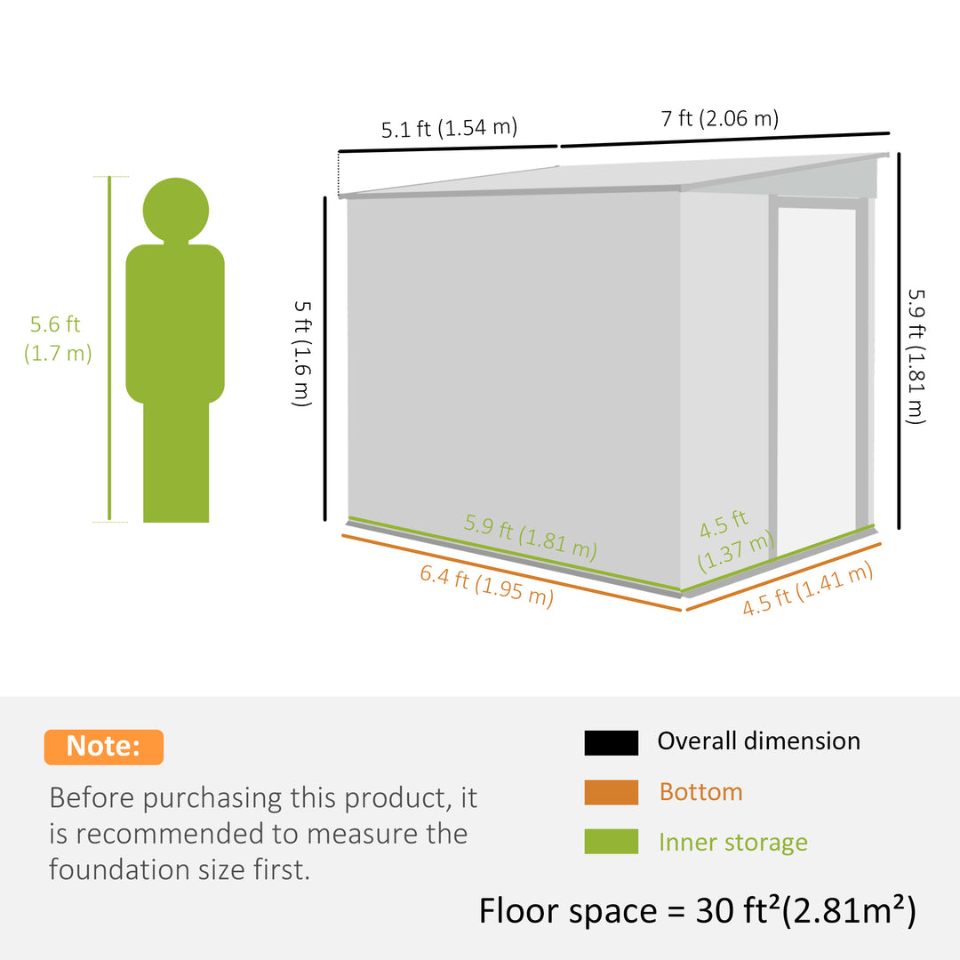 Outsunny 5x7 Garden Shed, Lean-to Metal Storage with Foundation, Sliding Door & 2 Vents for Garden Tools, White
