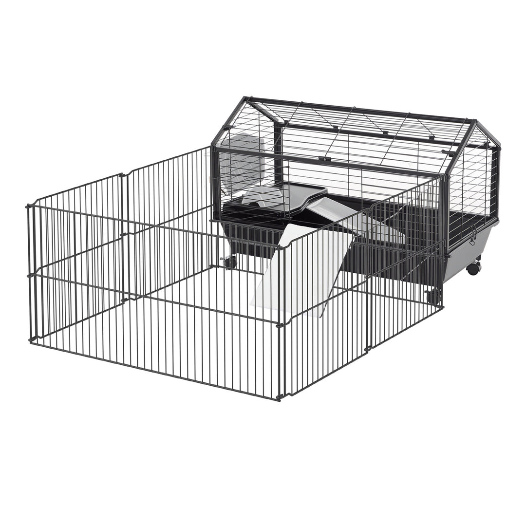 PawHut Metal Small Animal Cage, Rabbit Cage for Guinea Pig Chinchilla Hedgehog Bunny with Removable Wheels and Foldable Detachable Run Fence, 34.6" L x 50.6" W x 22" H