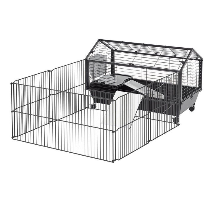 PawHut Metal Small Animal Cage, Rabbit Cage for Guinea Pig Chinchilla Hedgehog Bunny with Removable Wheels and Foldable Detachable Run Fence, 34.6" L x 50.6" W x 22" H