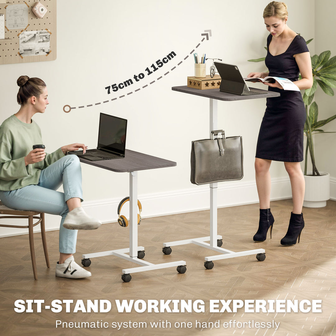 HOMCOM Height Adjustable Standing Desk, Pneumatic Sit Stand Desk with Wheels and Headphone Hook for Home Office, Natural