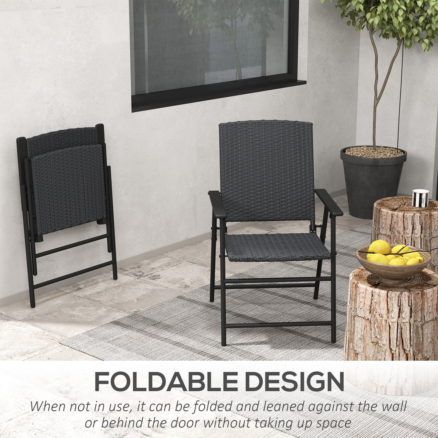 Outsunny Outdoor Wicker Dining Chair Set of 4, Rattan Foldable Chair with Steel Frame for Garden, Backyard, Porch, Brown