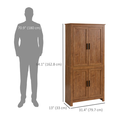 HOMCOM 64" Kitchen Pantry Cabinet, Freestanding Storage Cabinet with 4 Doors, 3 Adjustable Shelves, Oak