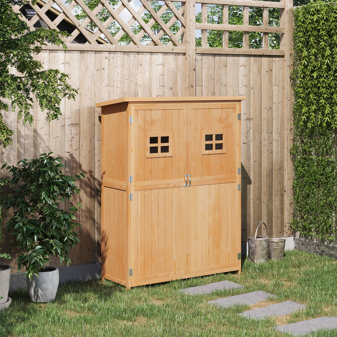 Outsunny 4x1.5ft Wooden Garden Storage Shed, Outdoor Tool Cabinet Organizer with Windows and Double Door, Nature Wood