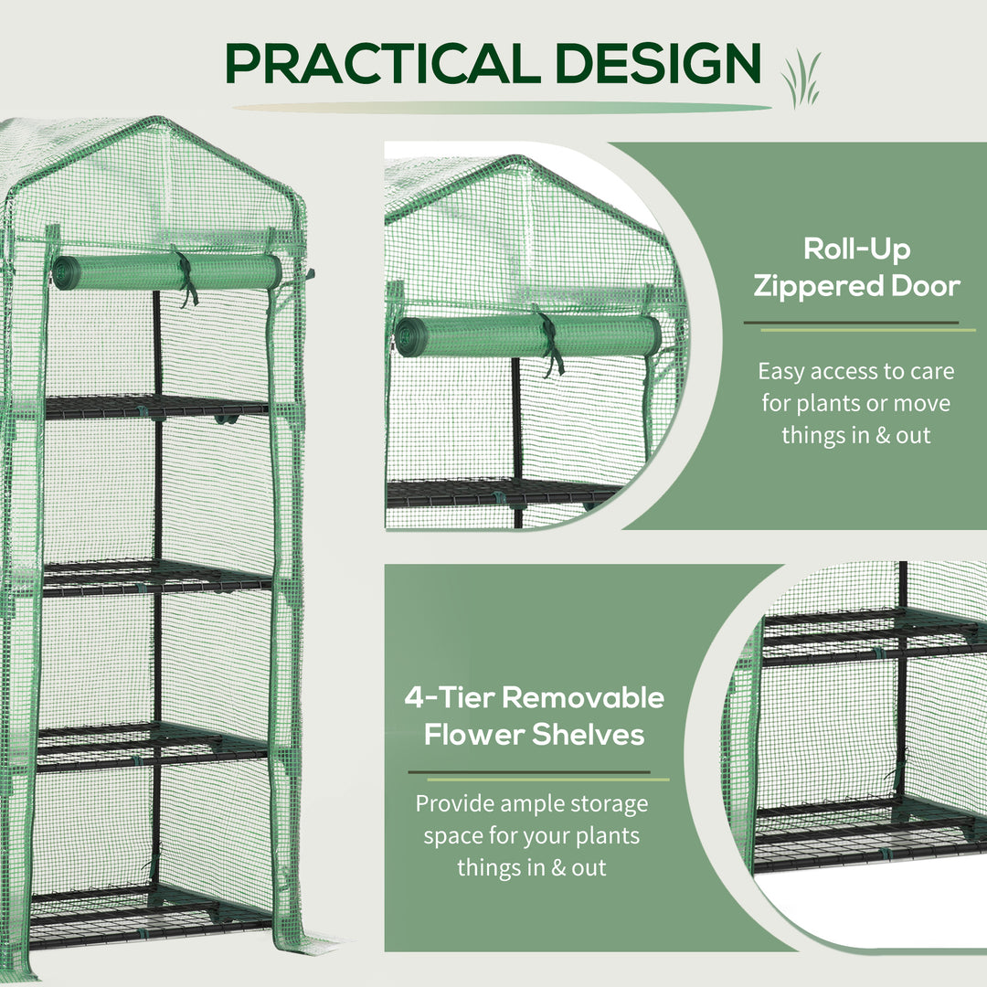 Outsunny Portable Greenhouse, Outdoor Hot House Plant Flower Greenhouse with 4 Tier Shelves, Steel Frame, PE Cover, Dark Green