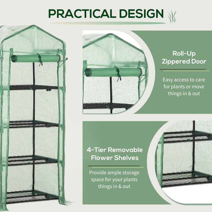 Outsunny Portable Greenhouse, Outdoor Hot House Plant Flower Greenhouse with 4 Tier Shelves, Steel Frame, PE Cover, Dark Green