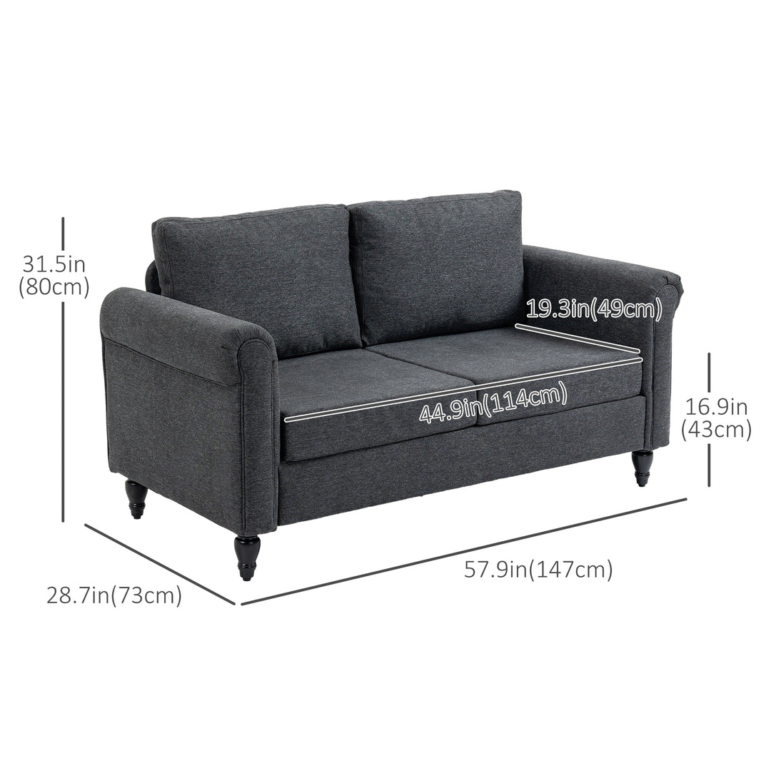 HOMCOM Vintage Loveseat, Upholstered Love Seat Furniture, Chenille-feel Fabric 2 Seater Sofa Couch with Rolled Arms, Gourd-Shaped Rubber Wood Legs for Living Room, Dark Grey