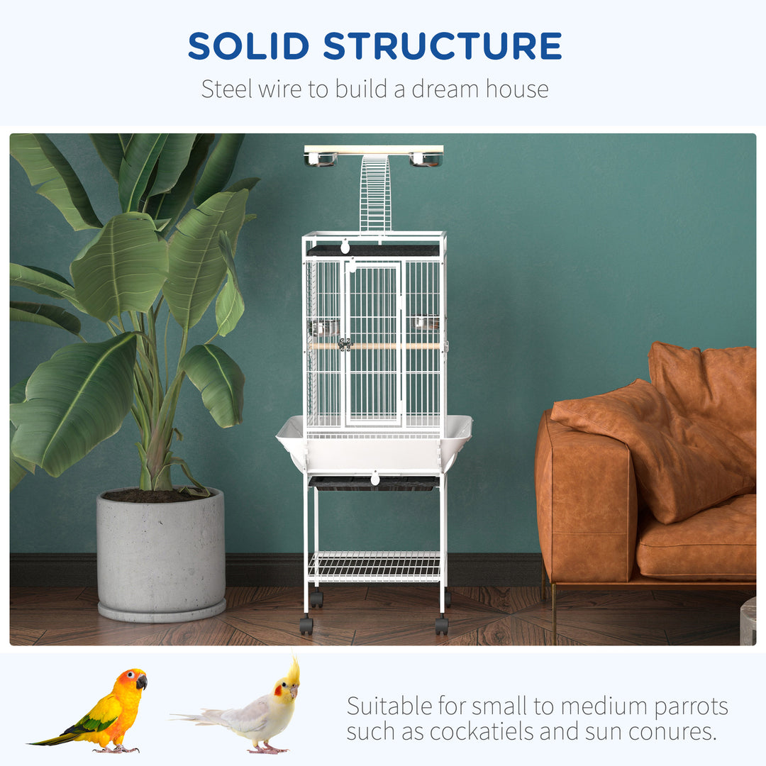 PawHut 61.5 Inch Bird Cage Parakeet House for Cockatiel with Stand, Pull Out Tray, Play Top, Storage Shelf, Wood Perch, Food Container