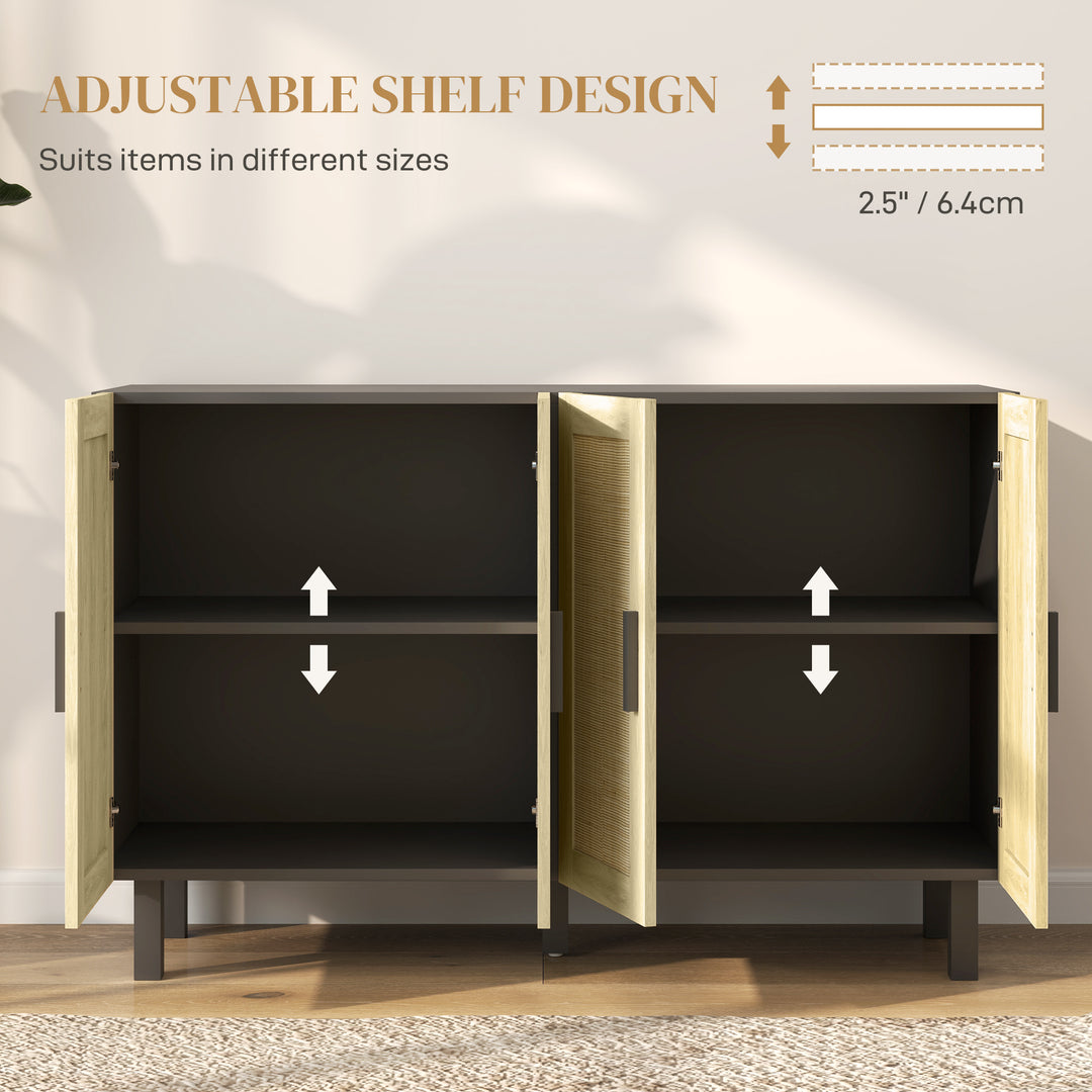 HOMCOM Boho Sideboard Buffet Cabinet, Storage Cabinet with 4 Rattan Doors and Adjustable Shelves, Black