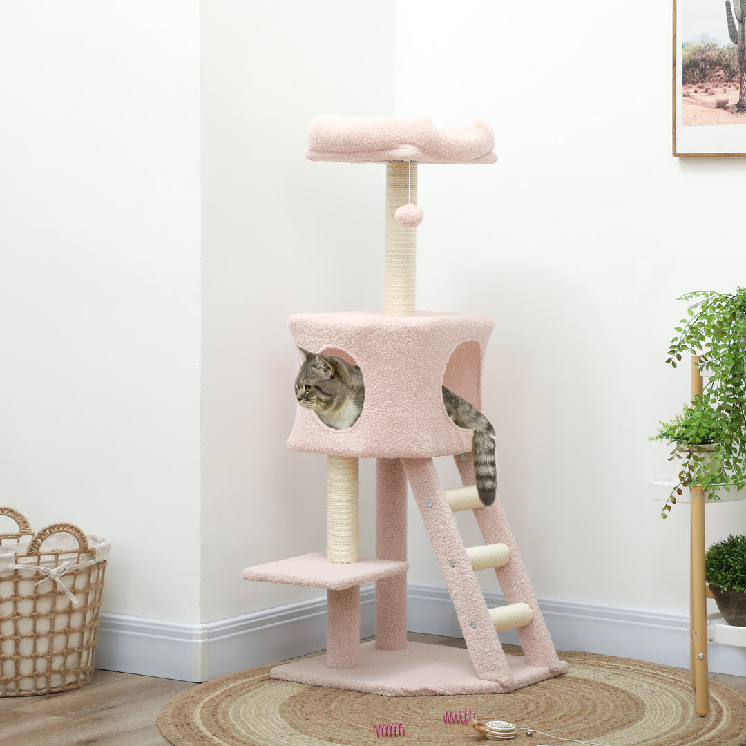 PawHut 47" Tall Cat Tree Tower with Condo, Ladder, Scratching Posts and Hanging Ball, Light Grey