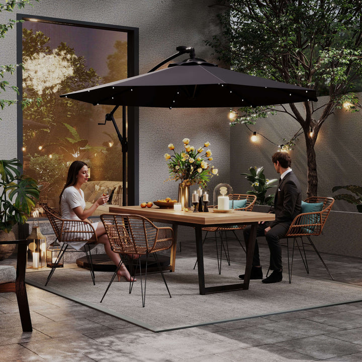Outsunny 9.5' Offset Patio Umbrella Garden Parasol with Solar LED Lights and Weights, Dark Grey