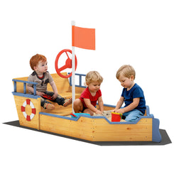 Outsunny Kids Wooden Sandbox Pirate Ship Sandboat Outdoor Backyard Playset Children Sandpit w/ Bench Seat Storage Space & Flag for 3-6 Years Old