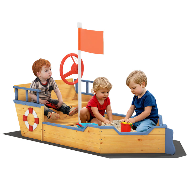 Outsunny Kids Wooden Sandbox Pirate Ship Sandboat Outdoor Backyard Playset Children Sandpit w/ Bench Seat Storage Space & Flag for 3-6 Years Old