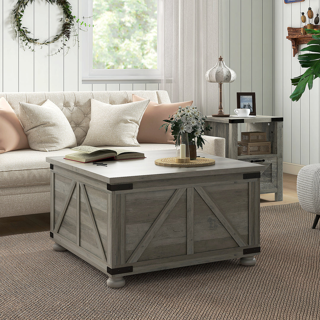 HOMCOM Farmhouse Coffee Table, Square Center Table with Flip-top Lids, Hidden Storage Compartment and Wooden Legs, Oak