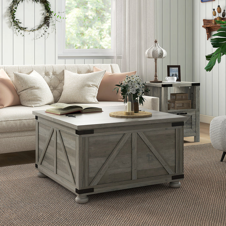 HOMCOM Farmhouse Coffee Table, Square Center Table with Flip-top Lids, Hidden Storage Compartment and Wooden Legs, Oak