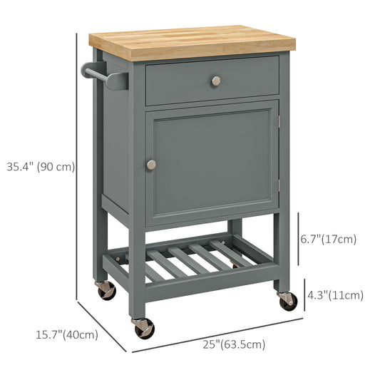 HOMCOM Kitchen Cart on Wheels, Rolling Kitchen Island Cart with Wood Top, Towel Rack, Drawer and Shelf for Dining Area, Grey