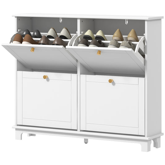 HOMCOM Modern Shoe Storage Cabinet, Narrow Shoe Cabinet with 4 Flip Drawers, Adjustable Shelves, 5 Legs for Entryway, White