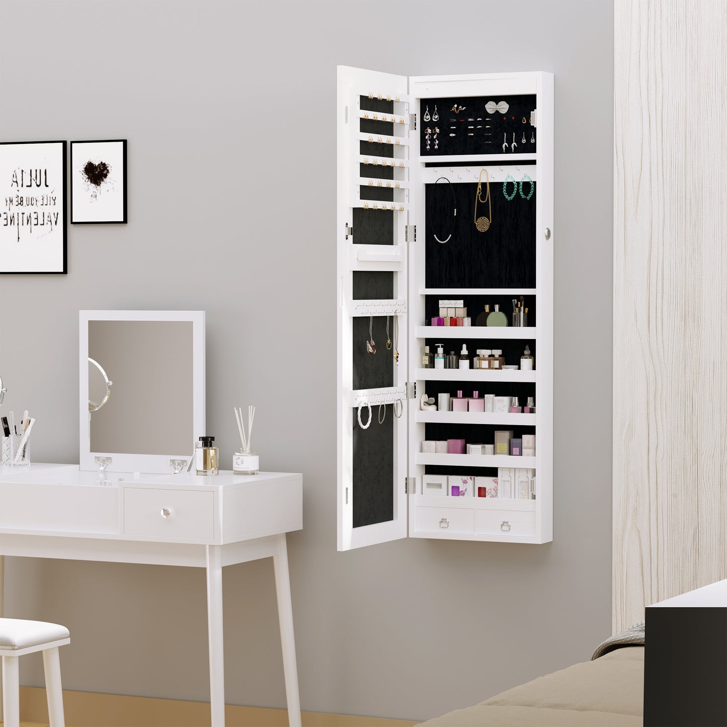HOMCOM Mirror Jewelry Cabinet Armoire with LED Lights and 2 Keys, Wall Door Mounted Jewelry Organizer, Lockable Full-length Mirror, Wood Grain Grey