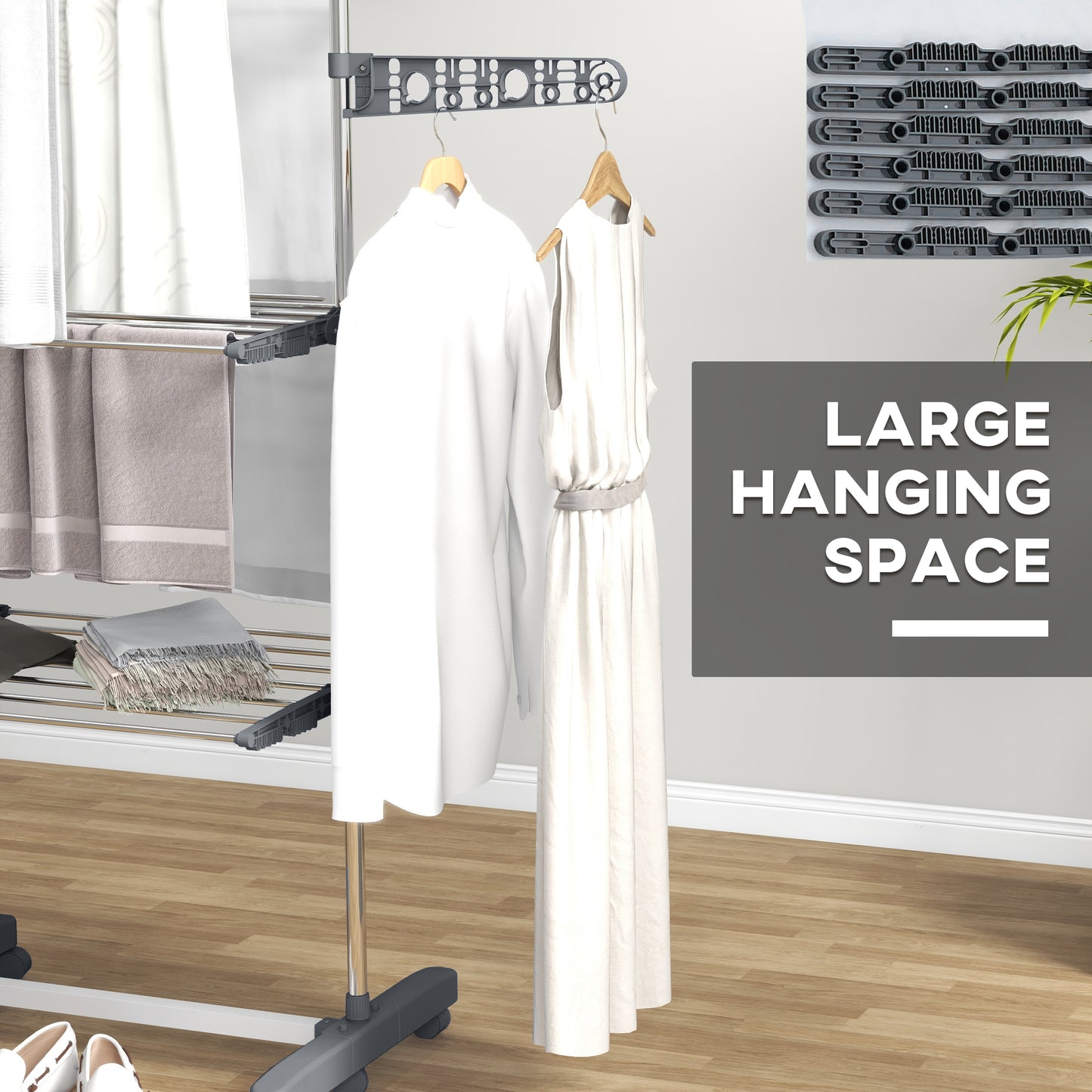 HOMCOM 3-Tier Foldable Clothes Drying Rack, Stainless Steel Laundry Rack with 2 Side Wings and 6 Castors, Collapsible Adjustable Clothes Airer for Indoor Outdoor, Grey