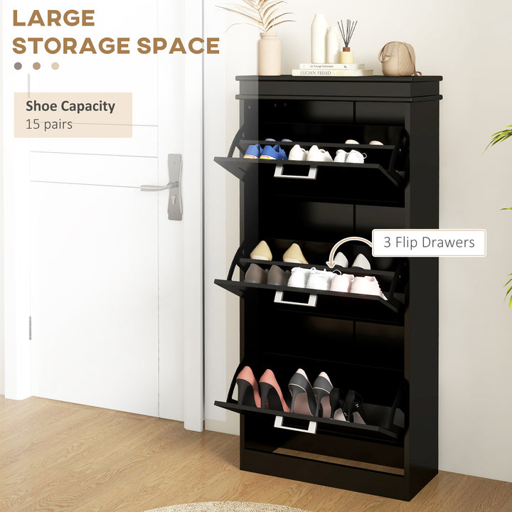 HOMCOM Slim Shoe Cabinet with 3 Flip Drawers and Adjustable Shelves, Narrow Shoe Cabinet for 15 Pairs of Shoes, White