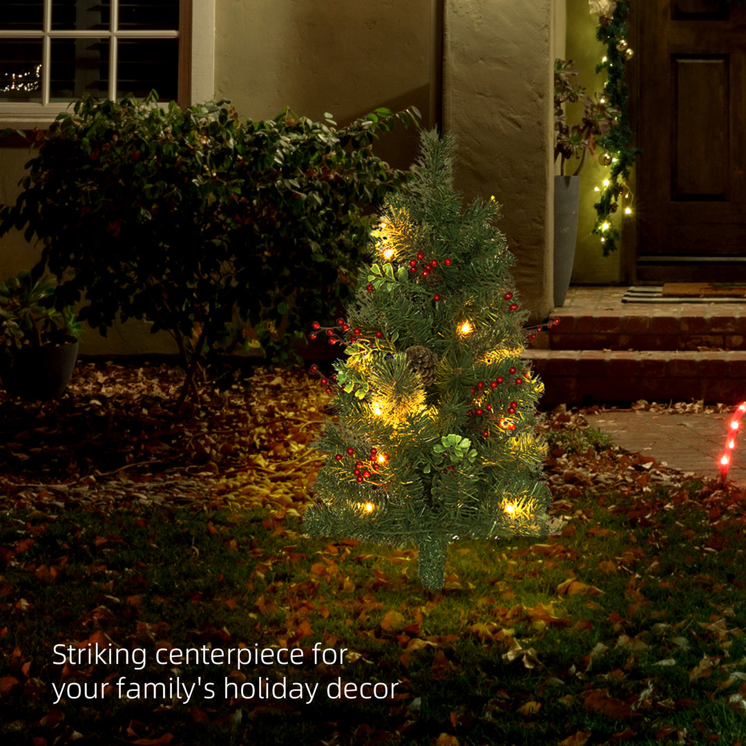 HOMCOM 2ft 2 Pack Artificial Christmas Tree, Pre Lit Christmas Tree with Red Berries and Pine Cones, Battery Operated, Green