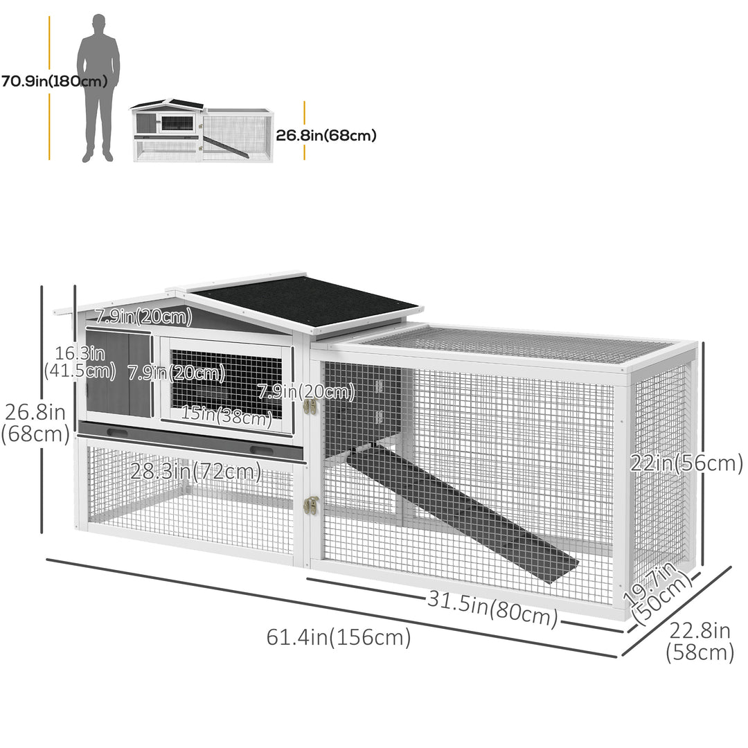 PawHut Wooden Rabbit Hutch Guinea Pig House with Removable Tray, Openable Roof, Trough, Run for Tortoises and Ferrets, Grey