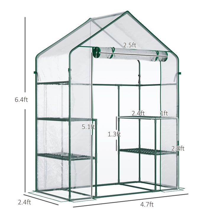 Outsunny 56" x 29" x 77" Walk-in Greenhouse, Mini Greenhouse with 4 Shelves, Roll-Up Door and Weatherized Cover, Clear