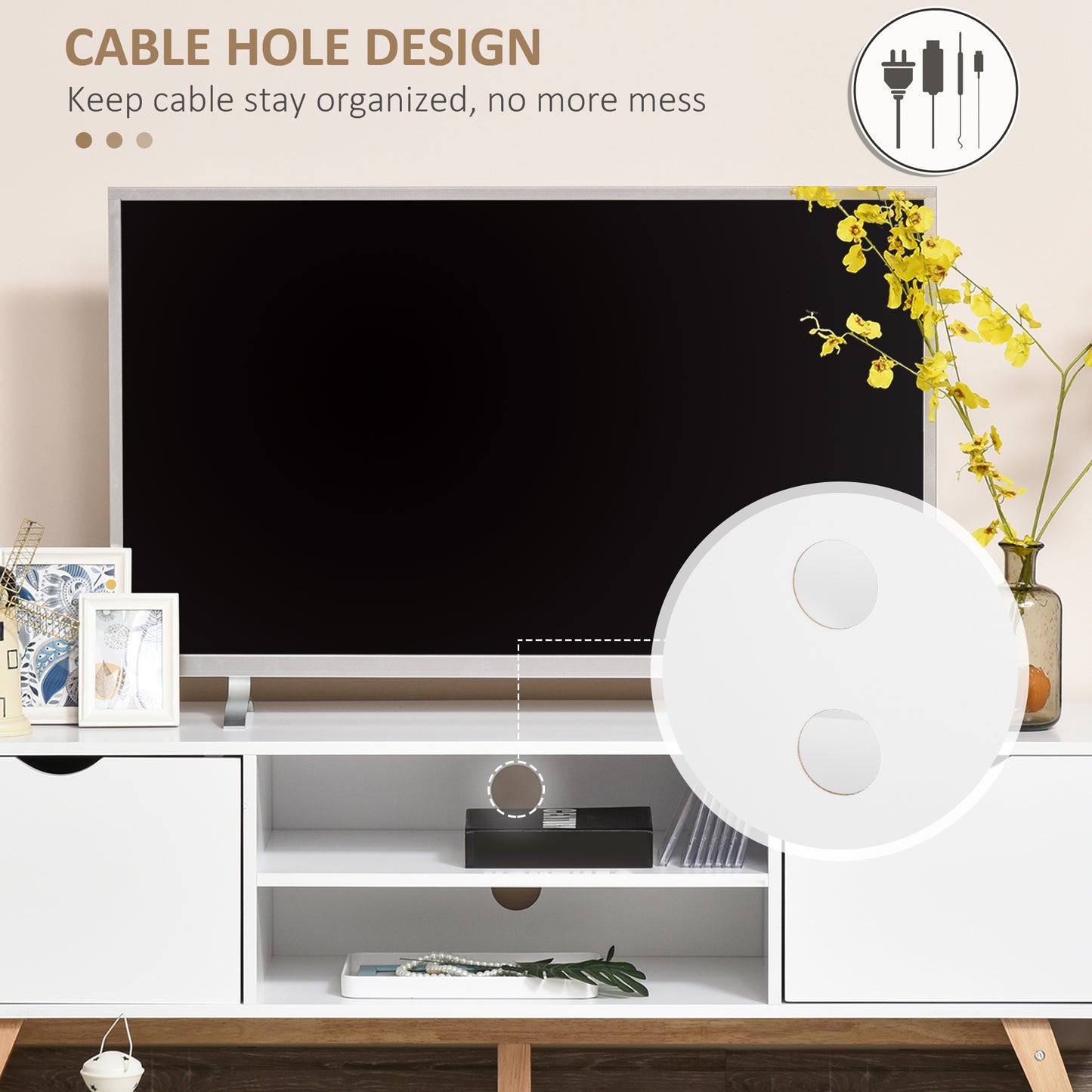 HOMCOM Modern Wooden TV Stand with 2 Storage Cabinet Stand for TV's up to 65" for Living Room Office, Storage Entertainment Center, White