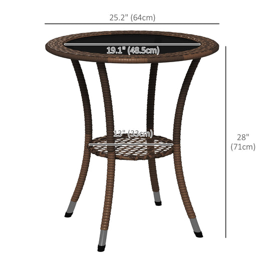 Outsunny Outdoor Rattan Dining Table, Patio Wicker Round Coffee Table with 2-Tier Storage Shelf, Brown