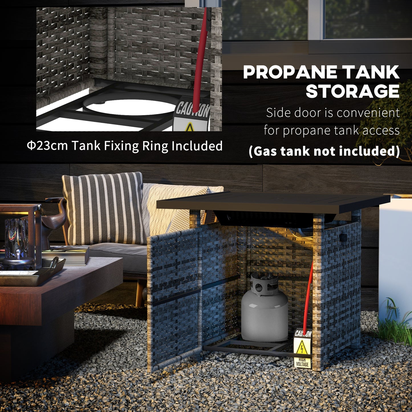 Outsunny Outdoor PE Rattan Propane Fire Pit Table, 50,000 BTU Pulse-Ignition Wicker Fire Table, Mixed Grey