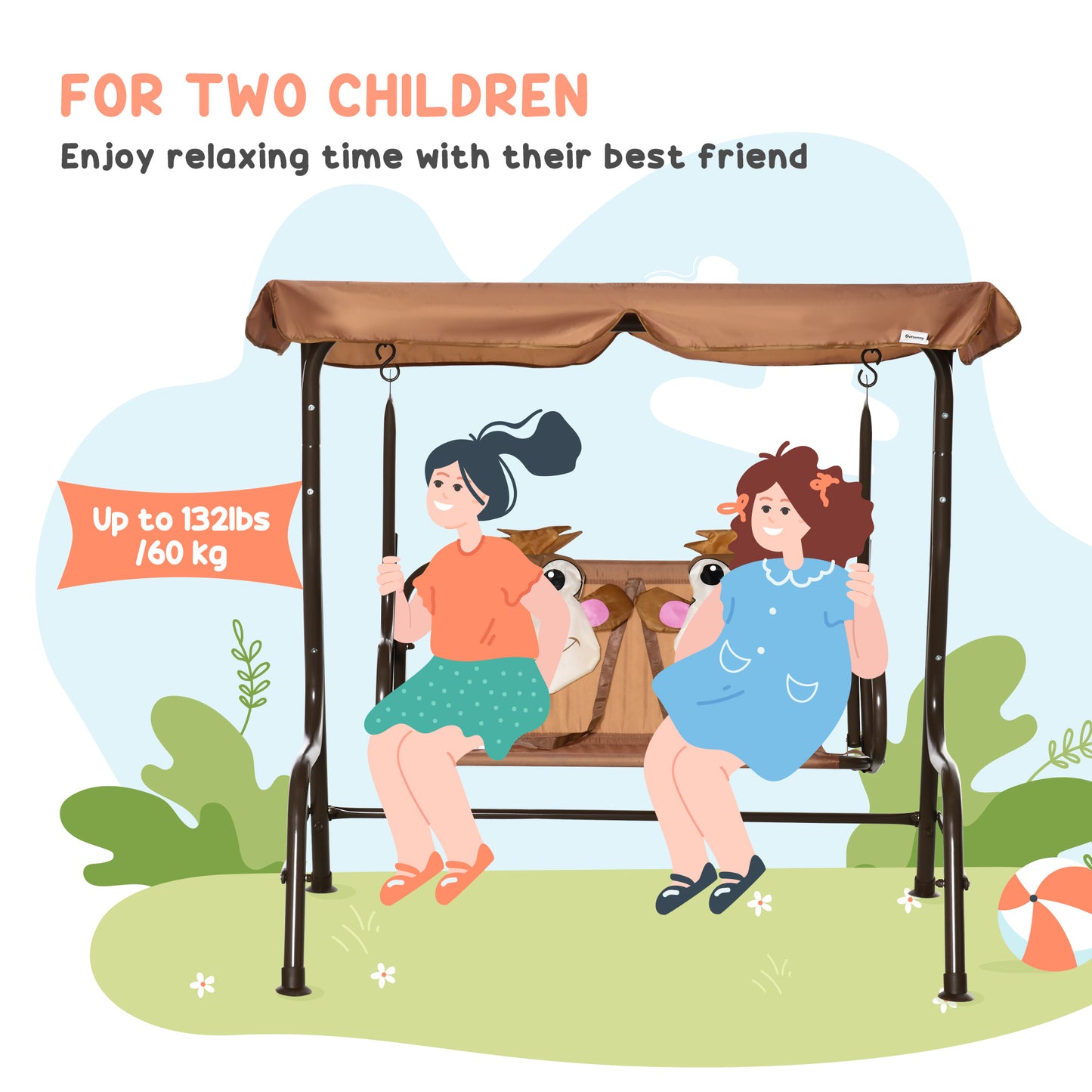 Outsunny 2-Seat Kids Porch Swing Chair, Children Outdoor Patio Furniture Lounge Chair for Garden, with Adjustable Canopy, Seat Belt, Monkey Pattern, for 3-6 Years Old, Coffee