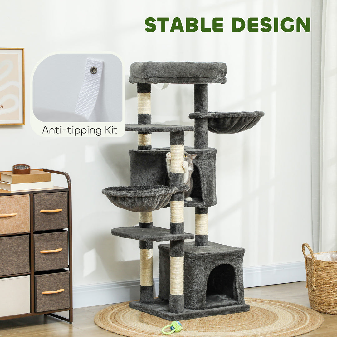 PawHut 52.5" Cat Tree Tower with Scratching Posts, Cat Condos, Bed, Platforms, Hammocks, for Indoor Cats, Dark Grey