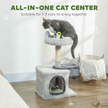 PawHut 28" Cat Tree Tower with Plush Top Bed, Cozy Condo, Sisal Scratching Post, Perch, Dangling Ball, Light Grey