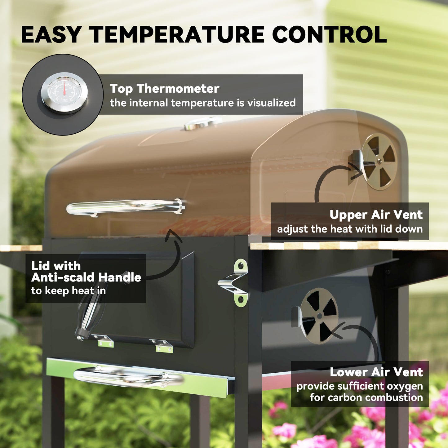 Outsunny 20" Charcoal BBQ Grill Barbecue on Wheels with Adjustable Charcoal Pan, Spacious Cooking Area, 3 Shelves, Thermometer