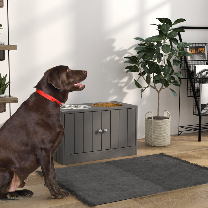 PawHut Elevated Dog Bowls for Large Dogs Pet Feeding Station with Stand, Storage, 2 Stainless Steel Food and Water Bowls, Grey